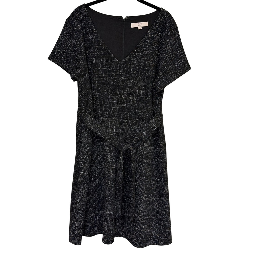 Loft‎ Plus Women Dress Black 18 Textured V-Neck Belted Professional Office